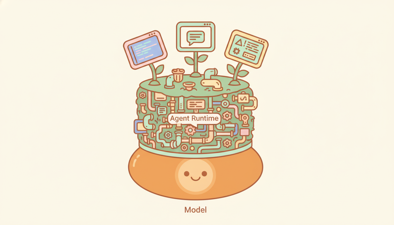 三層架構橫切面：底層 Model、中層 Runtime、表層 Application