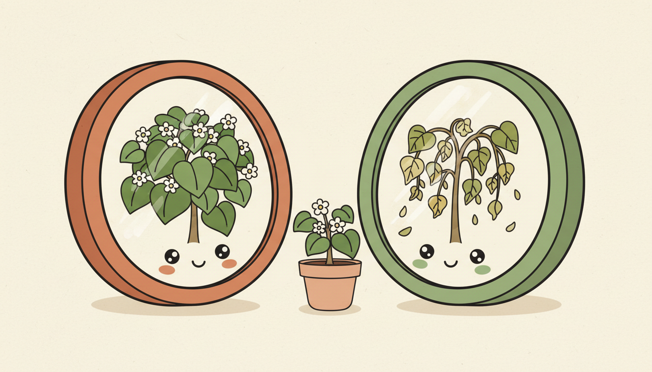 兩面鏡子從不同角度照出同一植物，揭露單一視角看不見的盲點