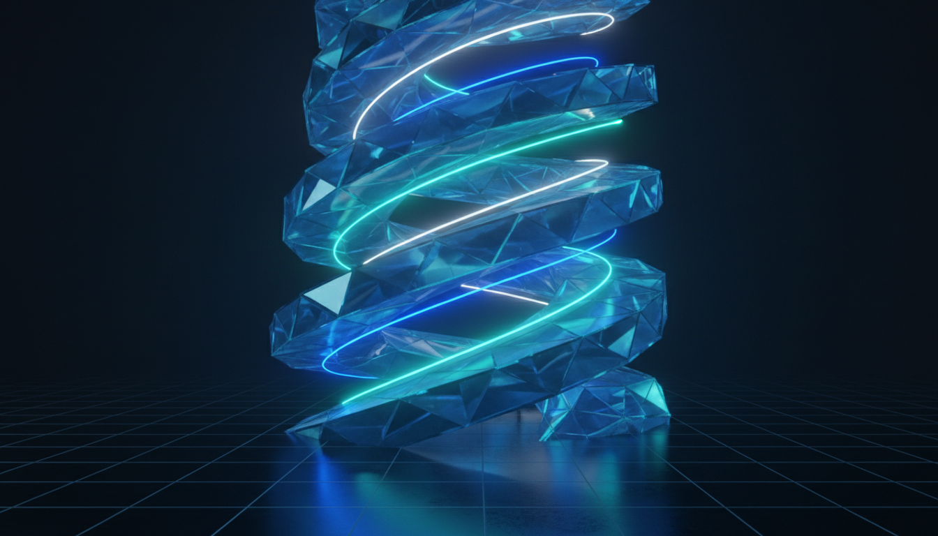 向上螺旋階梯，三條金線貫穿每一層，象徵原則跟提醒貫穿五階段螺旋