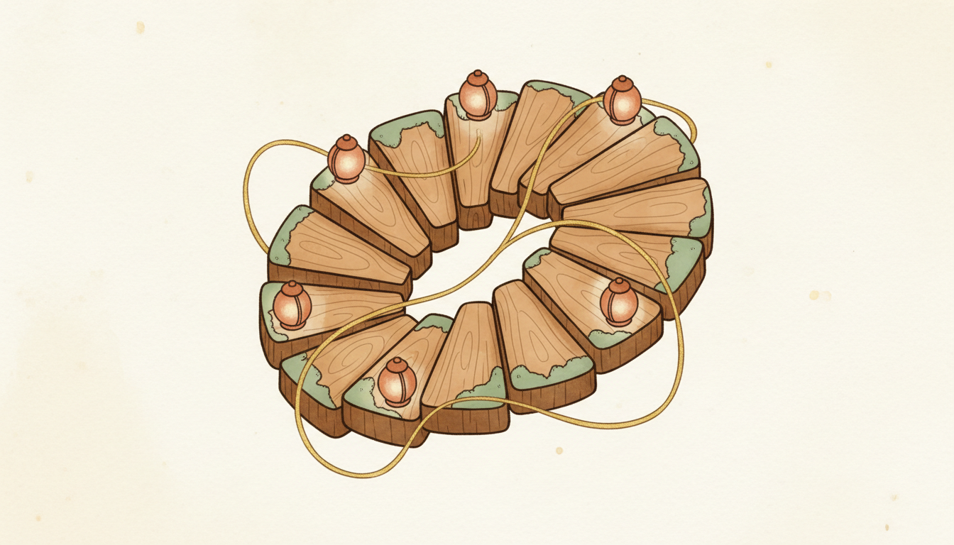 向上螺旋階梯，三條金線貫穿每一層，象徵原則跟提醒貫穿五階段螺旋