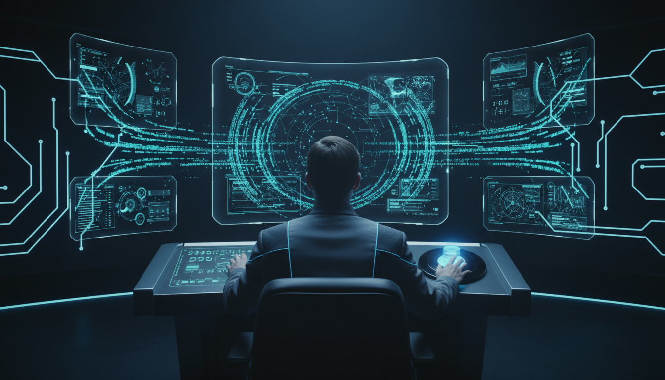 人類在高處輕持細線連接各層自主 Agent，保持守望而非微觀管理