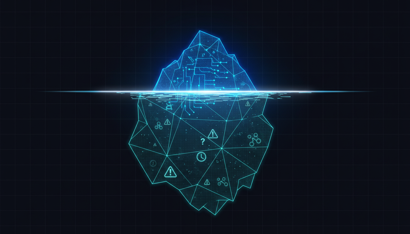 冰山比喻：Agent 顯性輸出只是冰山一角，隱含的已知假設藏在水面下