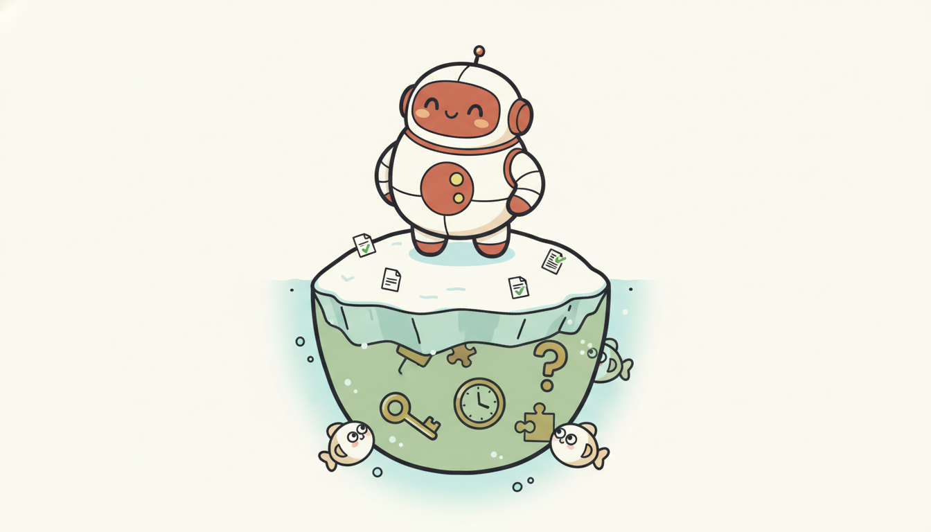 冰山比喻：Agent 顯性輸出只是冰山一角，隱含的已知假設藏在水面下