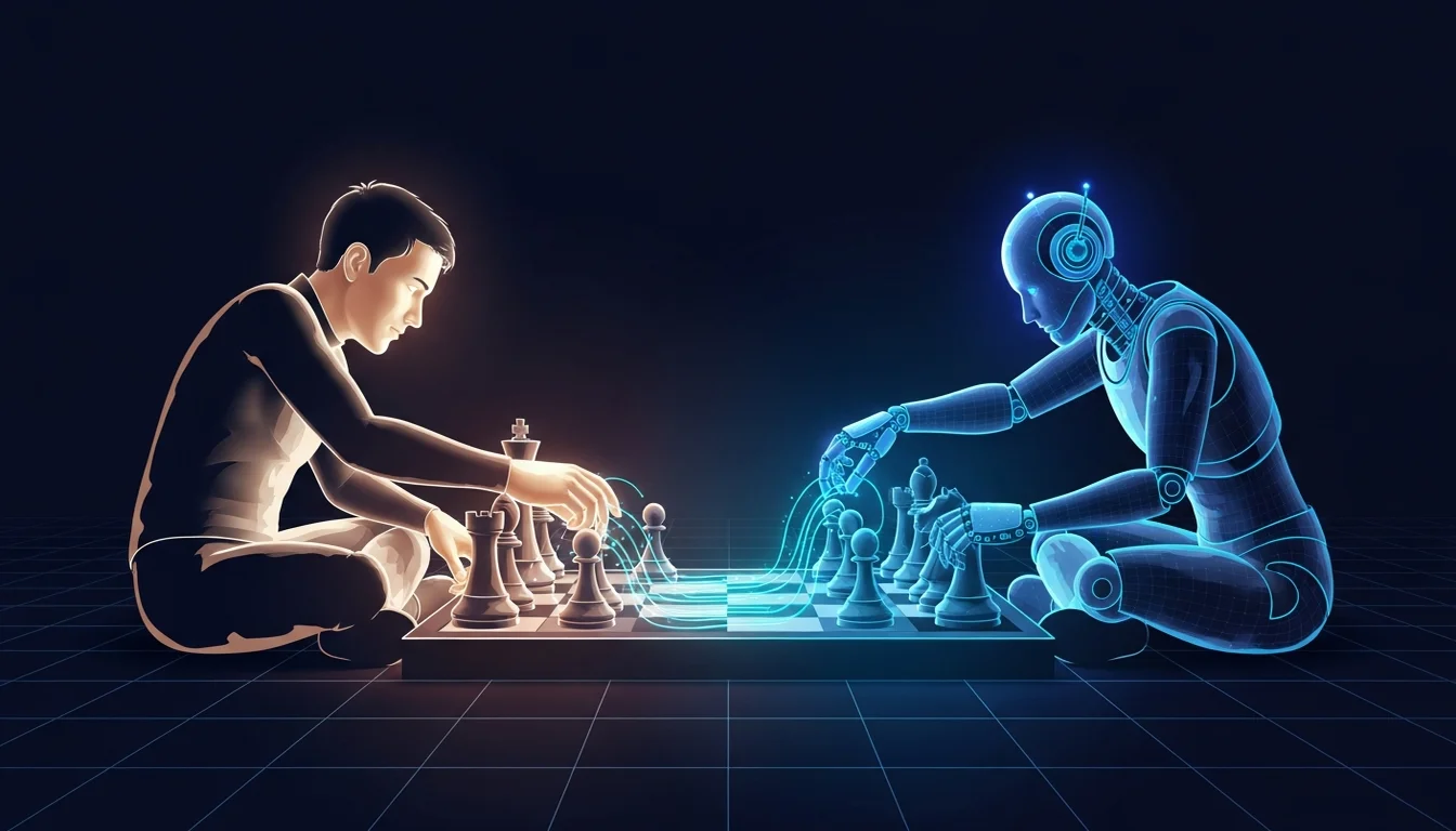 Two cute characters collaborating at a round table to stack blocks — a glasses-wearing expert and a glowing AI companion building together