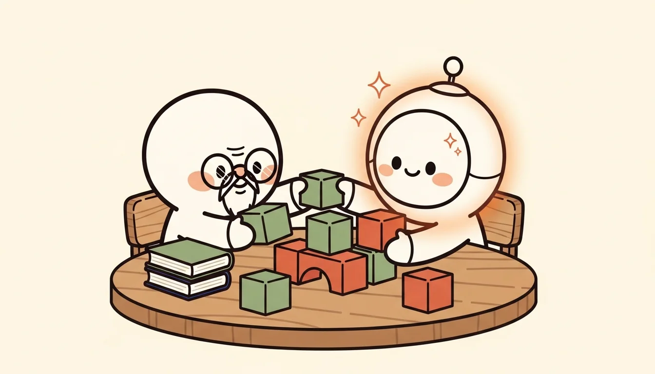 Two cute characters collaborating at a round table to stack blocks — a glasses-wearing expert and a glowing AI companion building together