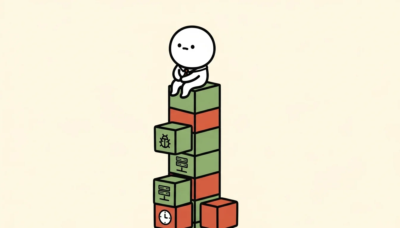 可愛角色站在由程式錯誤、伺服器、時鐘圖示堆砌的積木塔頂，看不見身後的廣大可能性