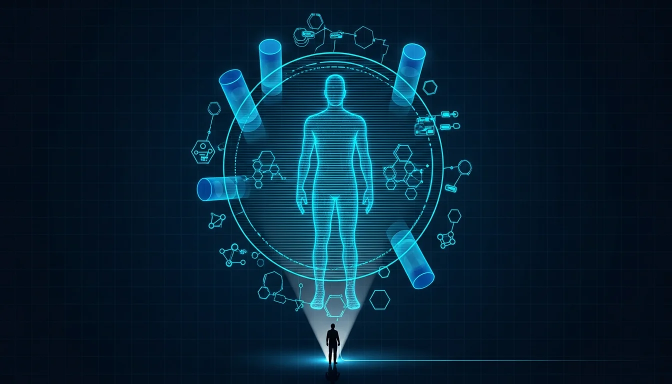 A small character holding an AI wand, seeing a giant, powerful version of themselves in a funhouse mirror — a visualization of the reverse Dunning-Kruger effect