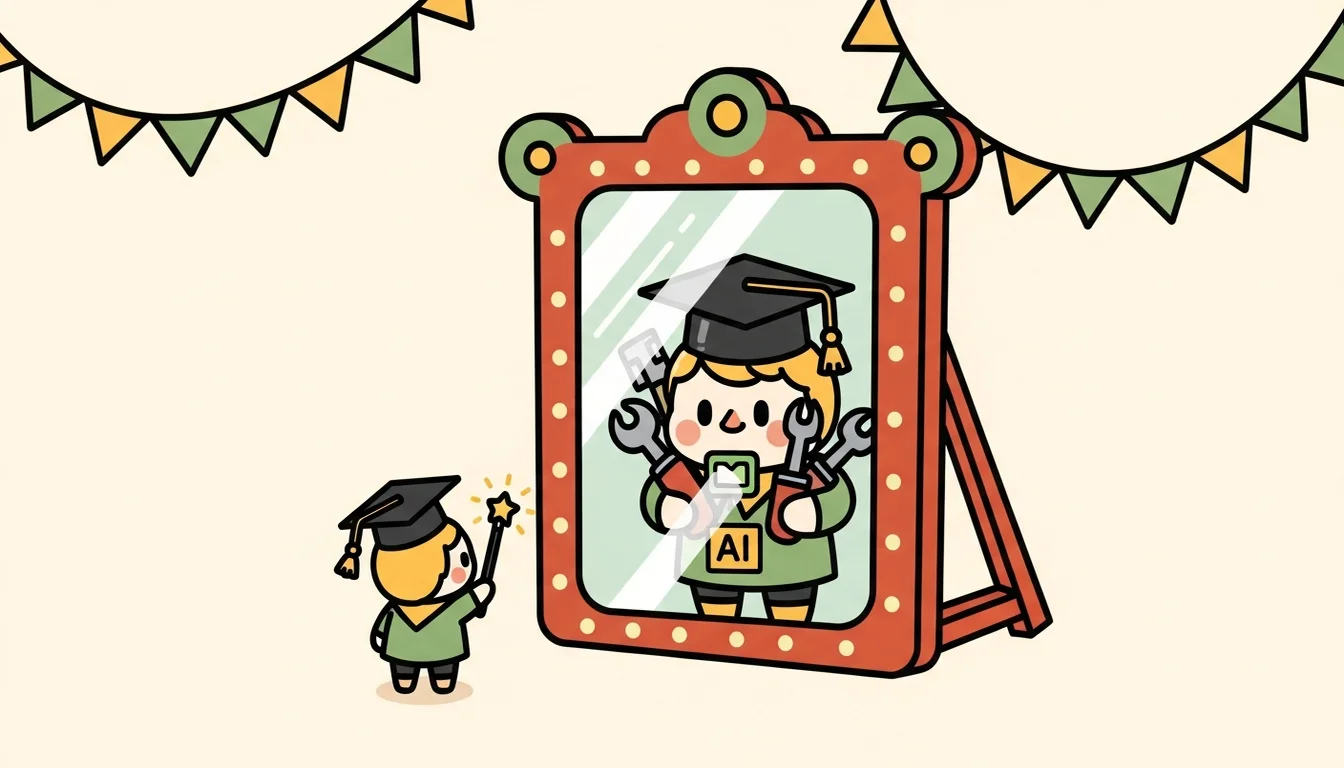 A small character holding an AI wand, seeing a giant, powerful version of themselves in a funhouse mirror — a visualization of the reverse Dunning-Kruger effect