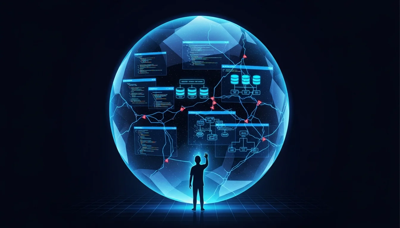 A small character touching a giant crystal ball filled with code and architecture diagrams, but cracks run through the glass — the illusion of capability