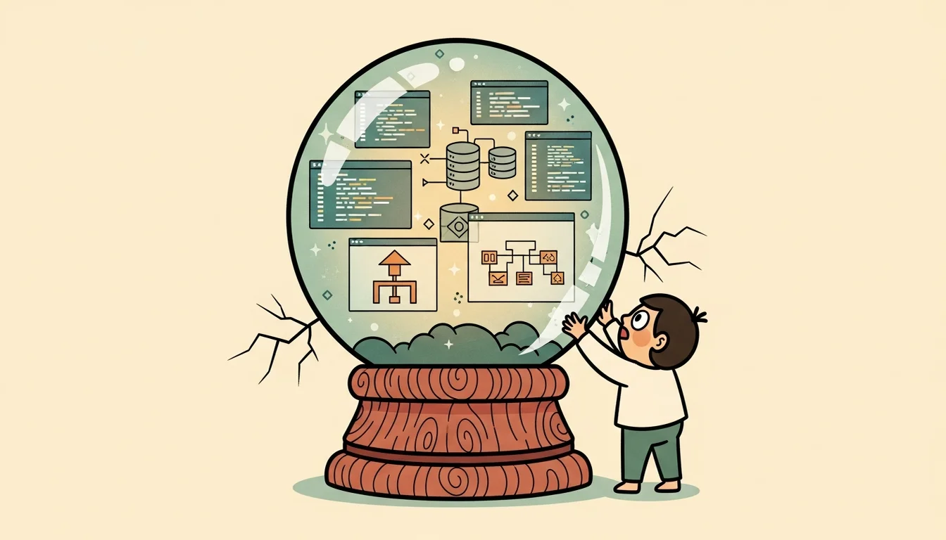 A small character touching a giant crystal ball filled with code and architecture diagrams, but cracks run through the glass — the illusion of capability