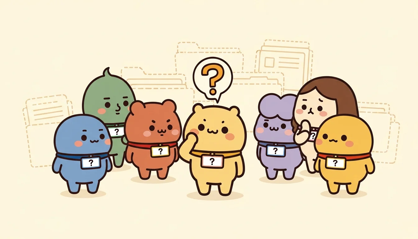 Five Agents standing together, question marks on their name badges