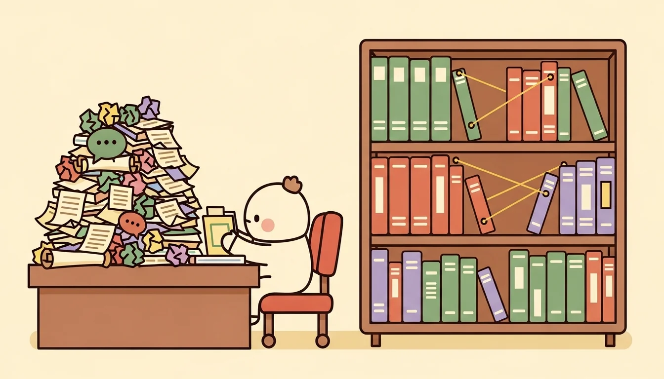 Em 在圖書館裡把雜亂的紙條整理成結構化的書架