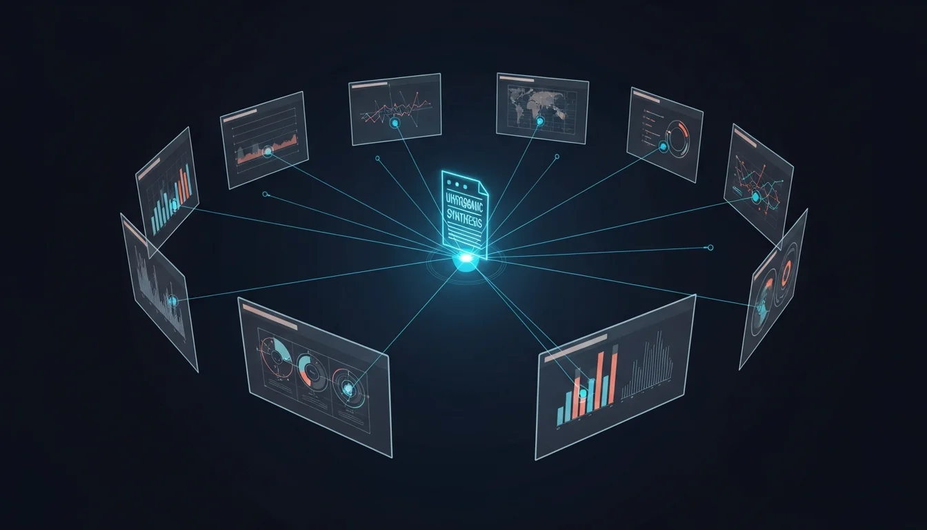 散落的知識卡片被金色線條連結成新的洞察