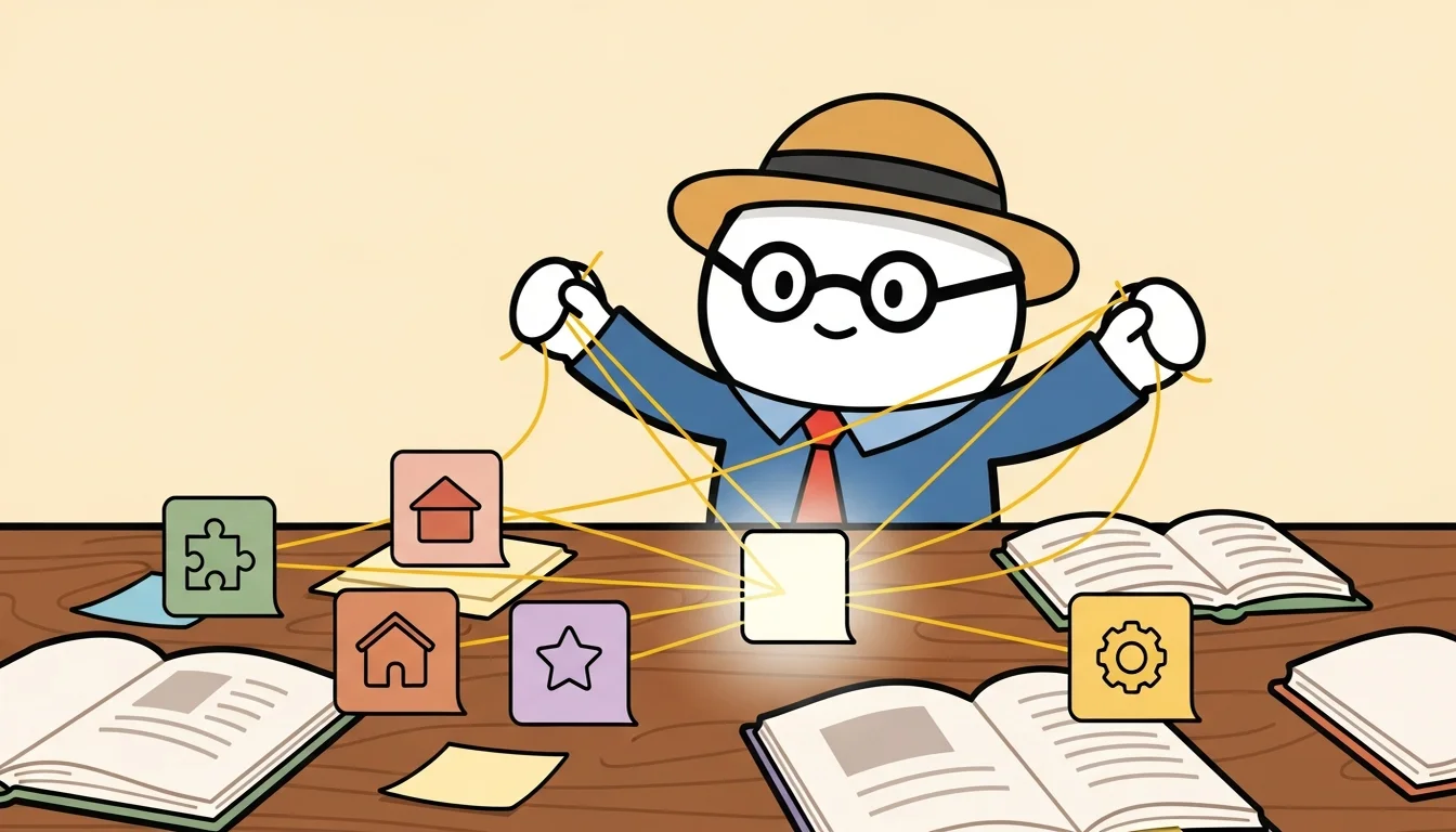 散落的知識卡片被金色線條連結成新的洞察