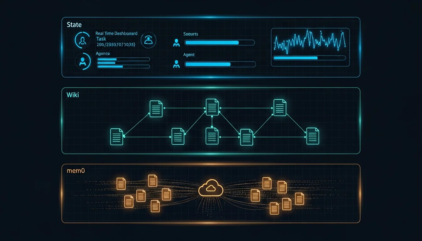三層記憶架構：State、Wiki、mem0 分別處理不同的持久化需求