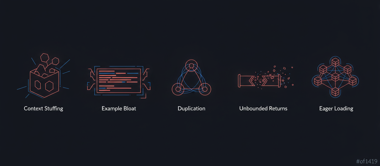 五個 Context Engineering 常見反模式：Context Stuffing、Example Bloat、Duplication、Unbounded Returns、Eager Loading