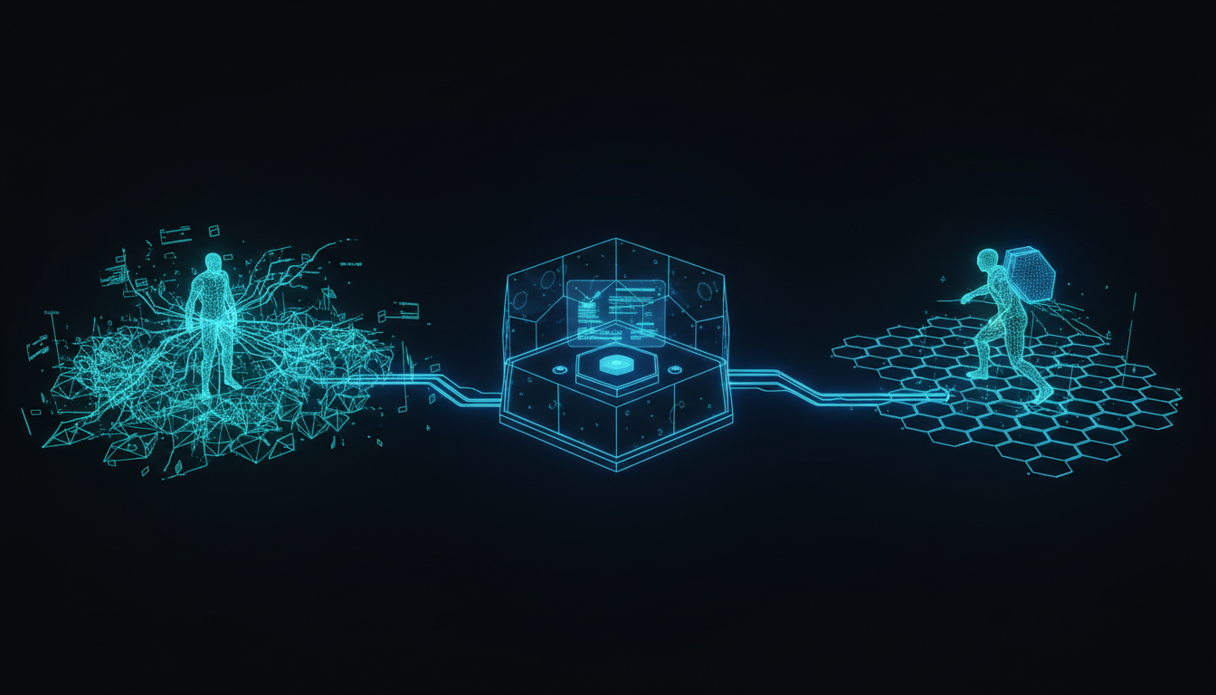 三段式工作流程示意：探索（霧中偵察）→ 決策（溫暖燈光下討論）→ 執行（帶著知識前行）