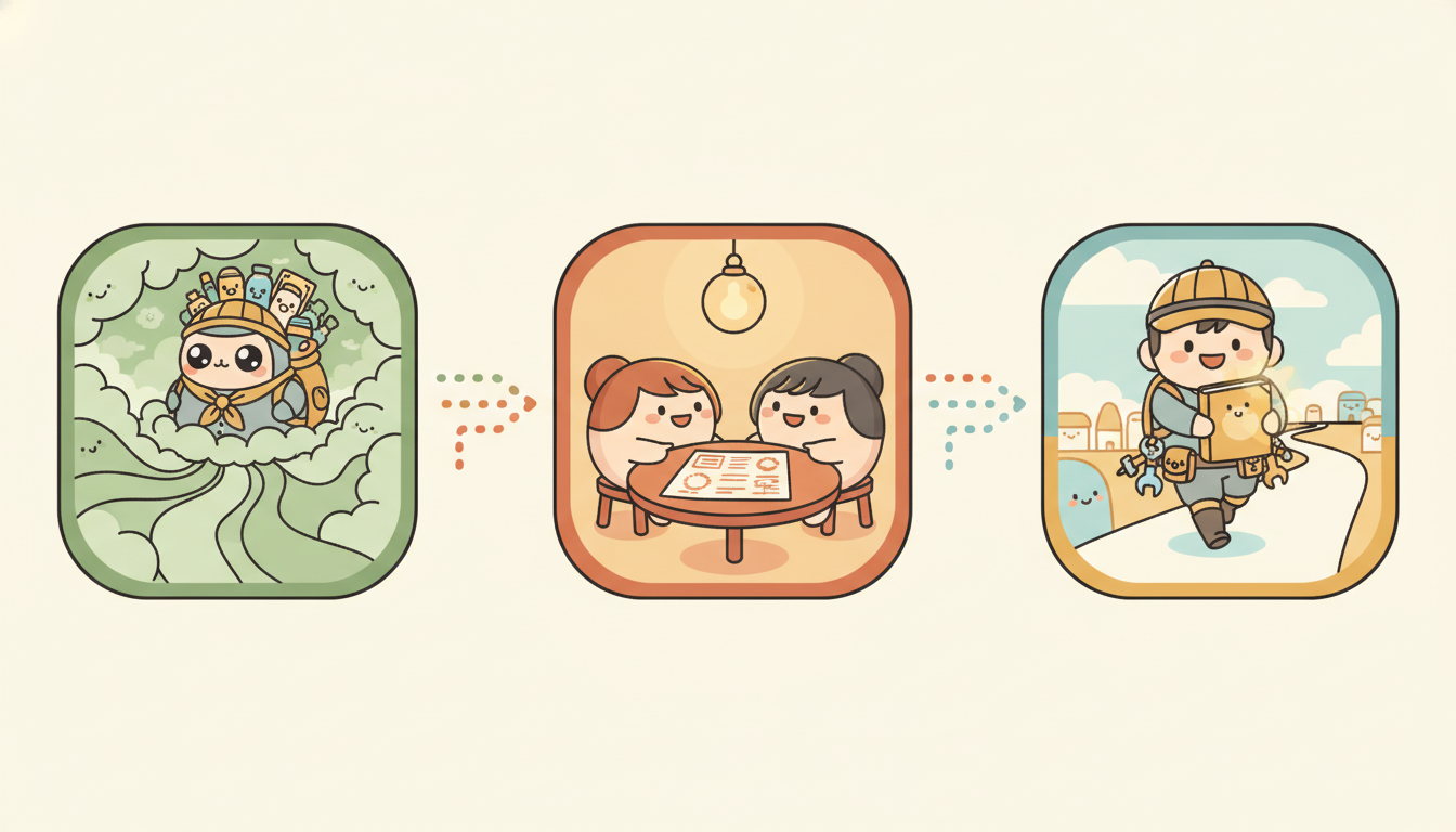 三段式工作流程示意：探索（霧中偵察）→ 決策（溫暖燈光下討論）→ 執行（帶著知識前行）