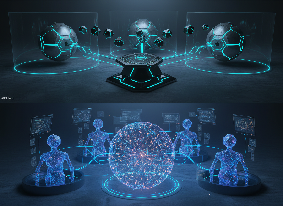 對比：上方主管派承包商各自帶工具箱離開（Subagent 模式），下方專案團隊共同指著白板協作（Agent Team 模式）