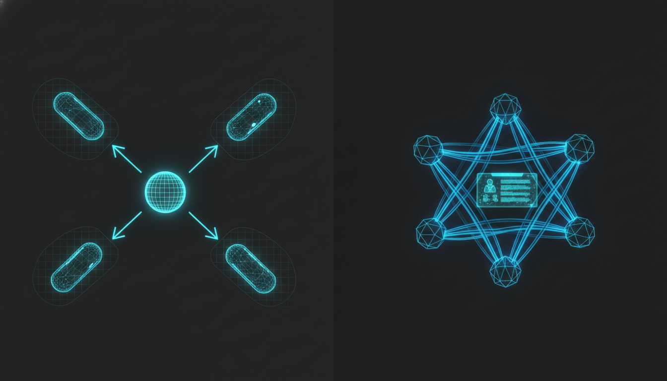 對比圖：左邊主管派發任務給各自隔離的承包商，右邊五人圍坐圓桌協同合作