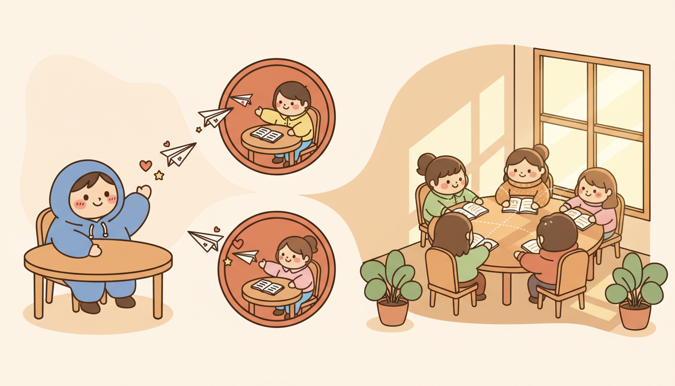 對比圖：左邊主管派發任務給各自隔離的承包商，右邊五人圍坐圓桌協同合作