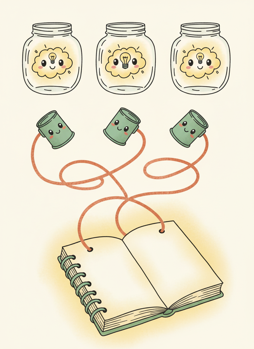 三層架構示意：上層三個各自獨立的玻璃罐（隔離的思考），中層錫罐電話串線連接（mailbox 通訊），下層一本共享筆記本（shared task list）