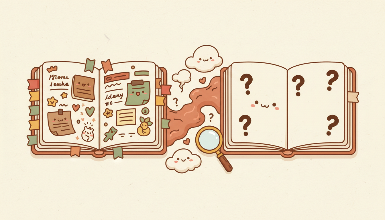 兩個筆記本之間有一道霧氣隔開，右側筆記本出現問號，代表 Context 在 session 交接時遺失