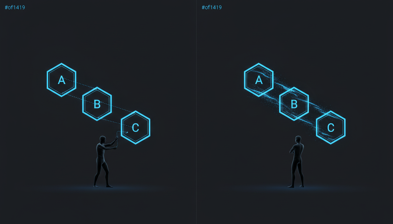 左：人工塗抹膠水連接 A、B、C 三個模組；右：有機藤蔓自動連接相同模組
