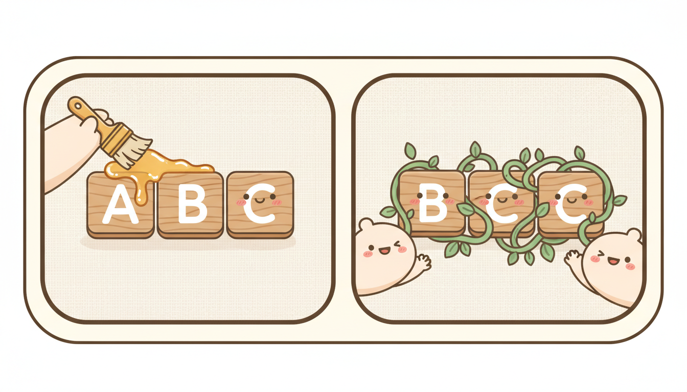 左：人工塗抹膠水連接 A、B、C 三個模組；右：有機藤蔓自動連接相同模組