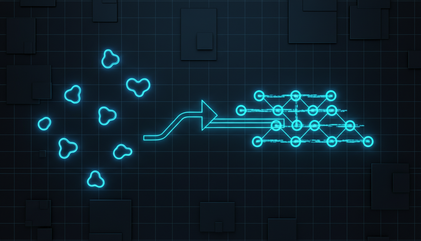 散落的工具透過連接線演化成整合工作流程的示意圖