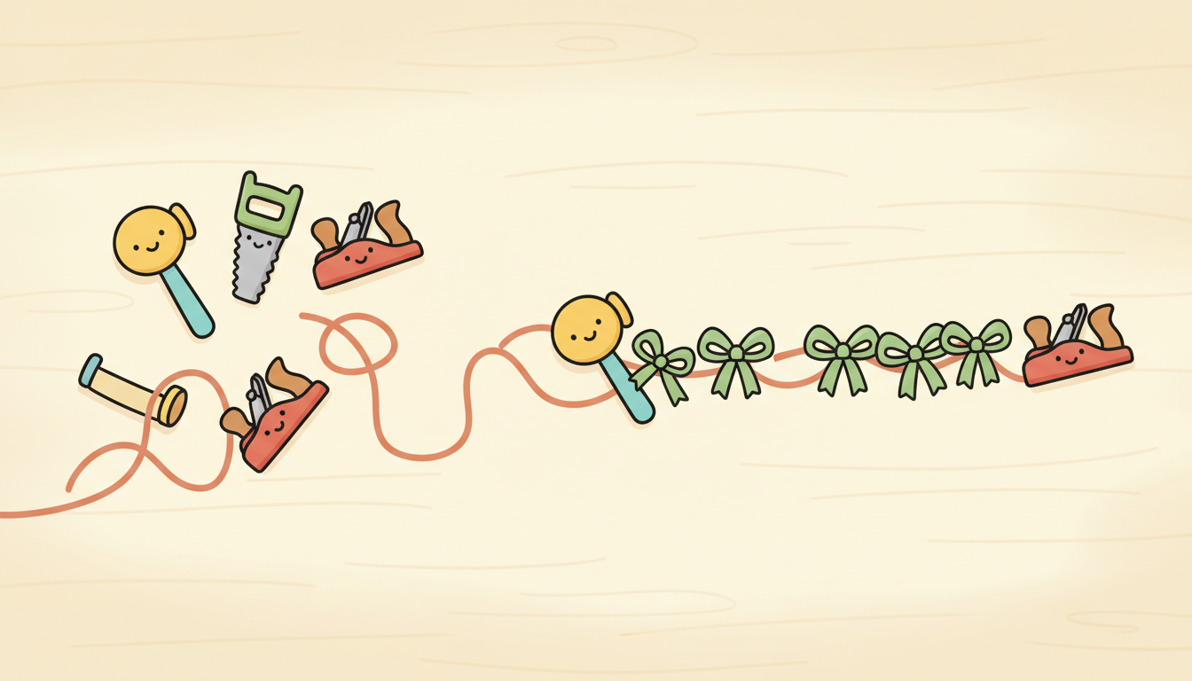 散落的工具透過連接線演化成整合工作流程的示意圖