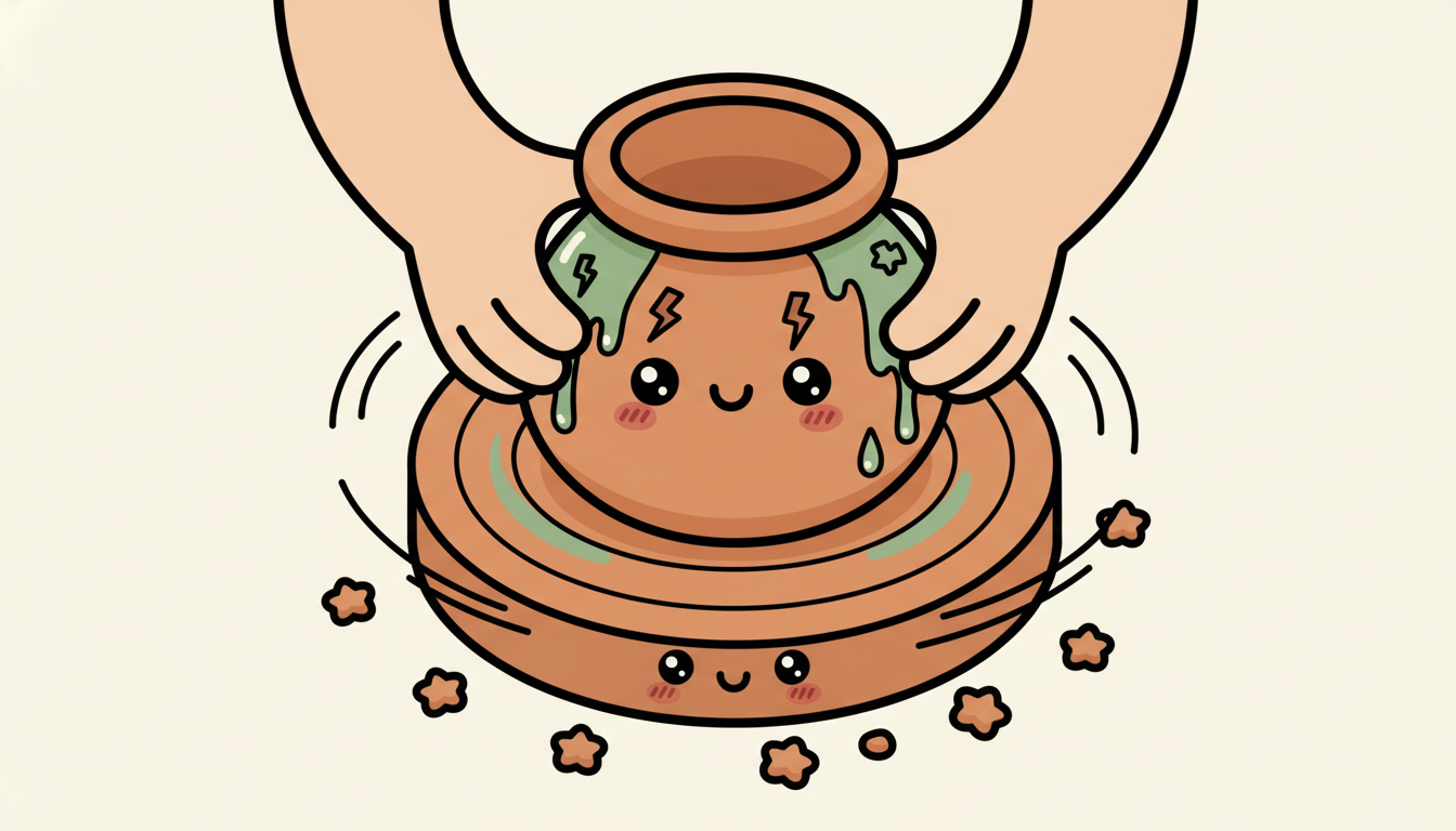 陶藝家的雙手精心塑造陶器，但過度打磨後出現裂縫，象徵精煉循環的雙面刃