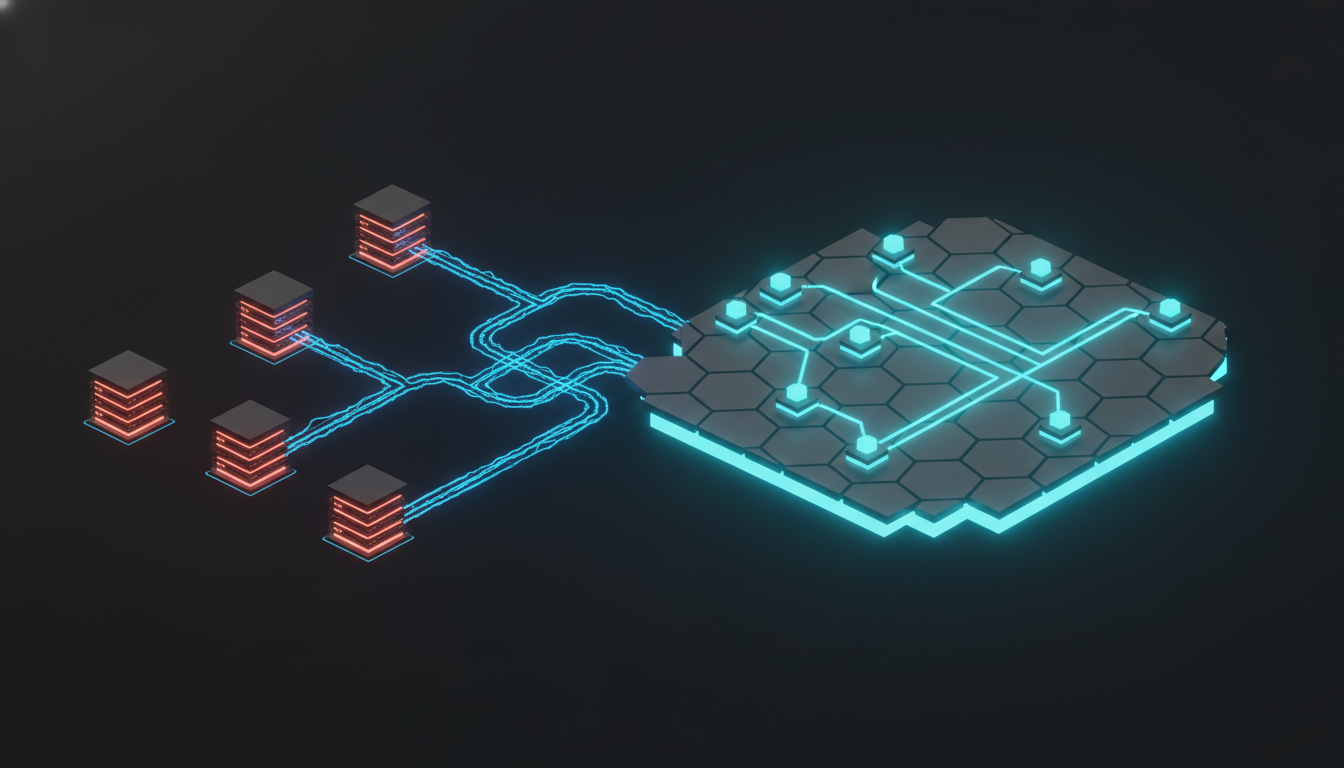 從左到右：個別小屋（獨立工具）→ 道路相連（工作流程串接）→ 有共享基礎設施的小鎮廣場（平台思維）
