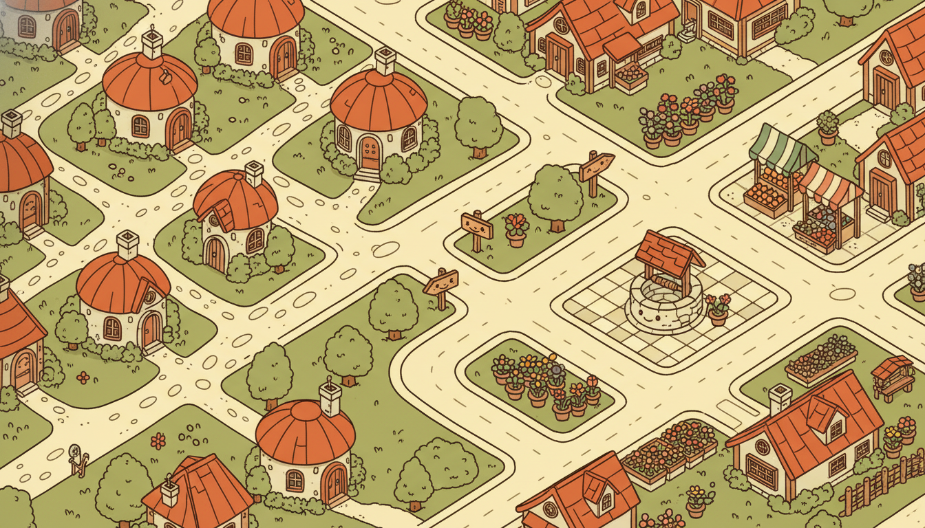 從左到右：個別小屋（獨立工具）→ 道路相連（工作流程串接）→ 有共享基礎設施的小鎮廣場（平台思維）