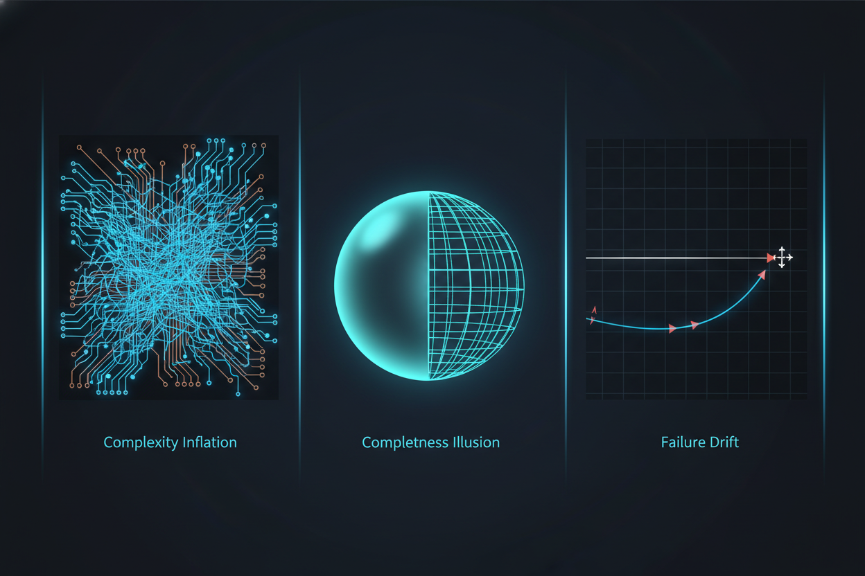 三聯圖：左為過度生長的盆栽（複雜度膨脹），中為外觀完美但內部空洞的蘋果（完整性幻覺），右為逐漸偏離原路的河流（失敗漂移）